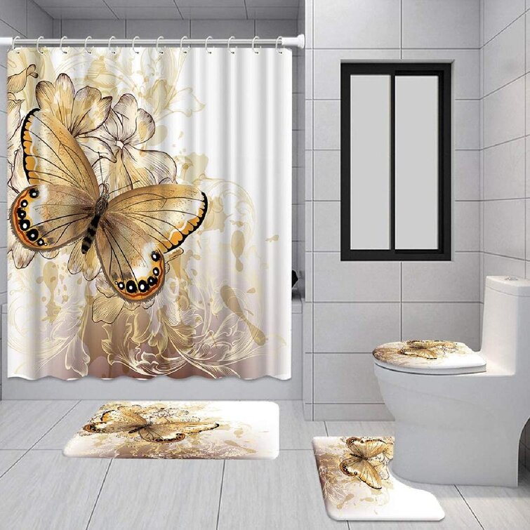 Wild Flower Monarch Butterfly Bathroom Shower Curtain Set Fabric & 12 Hooks 71" 