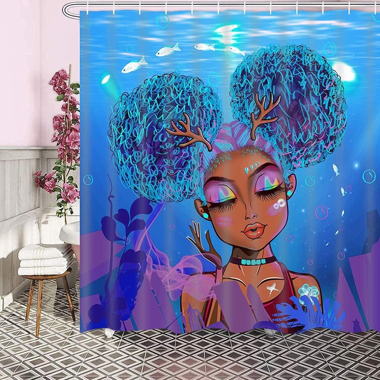 Waterproof Fabric Shower Curtain Hooks African American Pretty Girl Black Woman