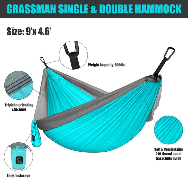 Grassman Camping Hammock Double & Single Portable Hammock with Tree Straps Hiking Lightweight Nylon Parachute Hammocks Camping Accessories Gear for Indoor Outdoor Backpacking Beach Travel