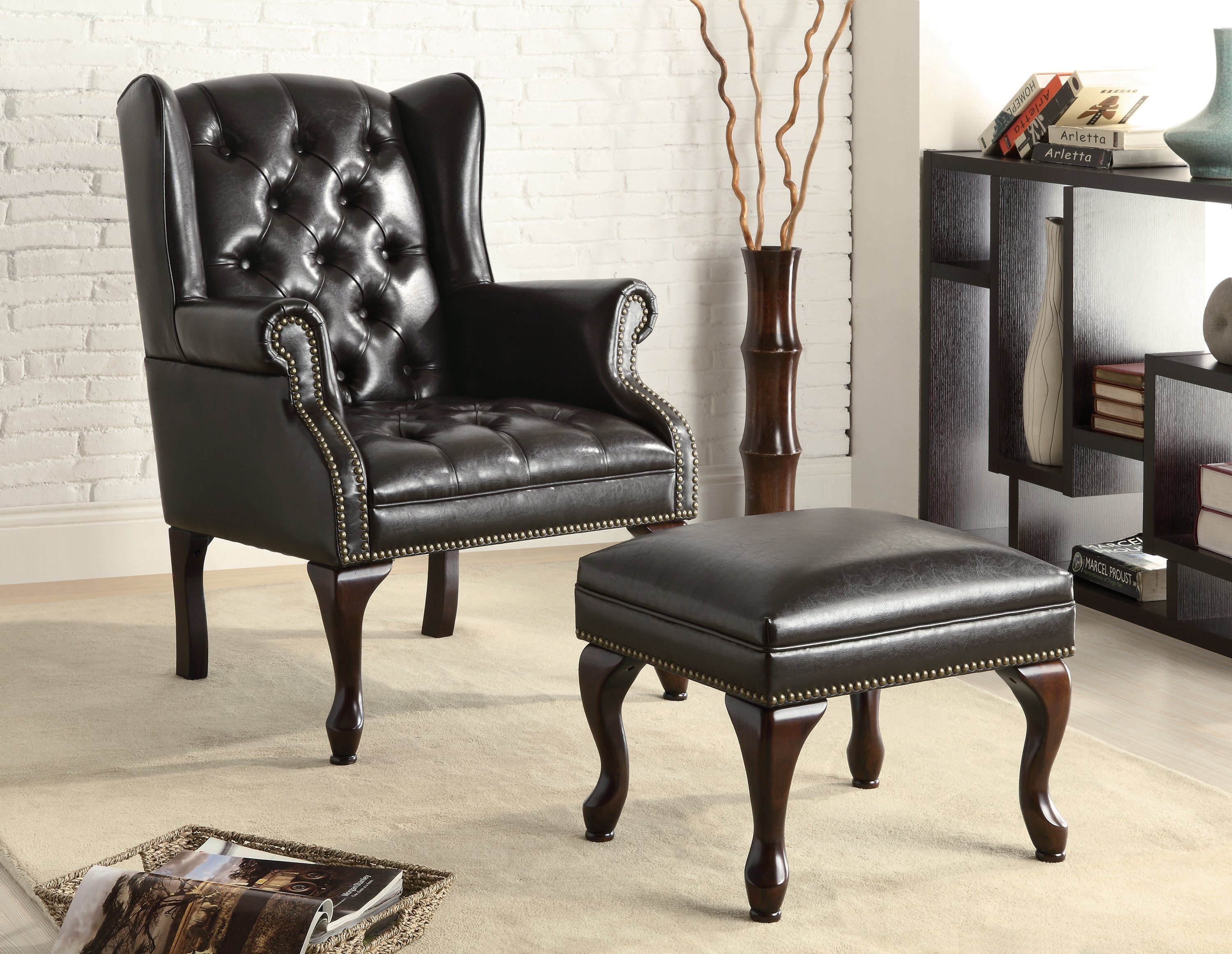 leather wing chair and ottoman