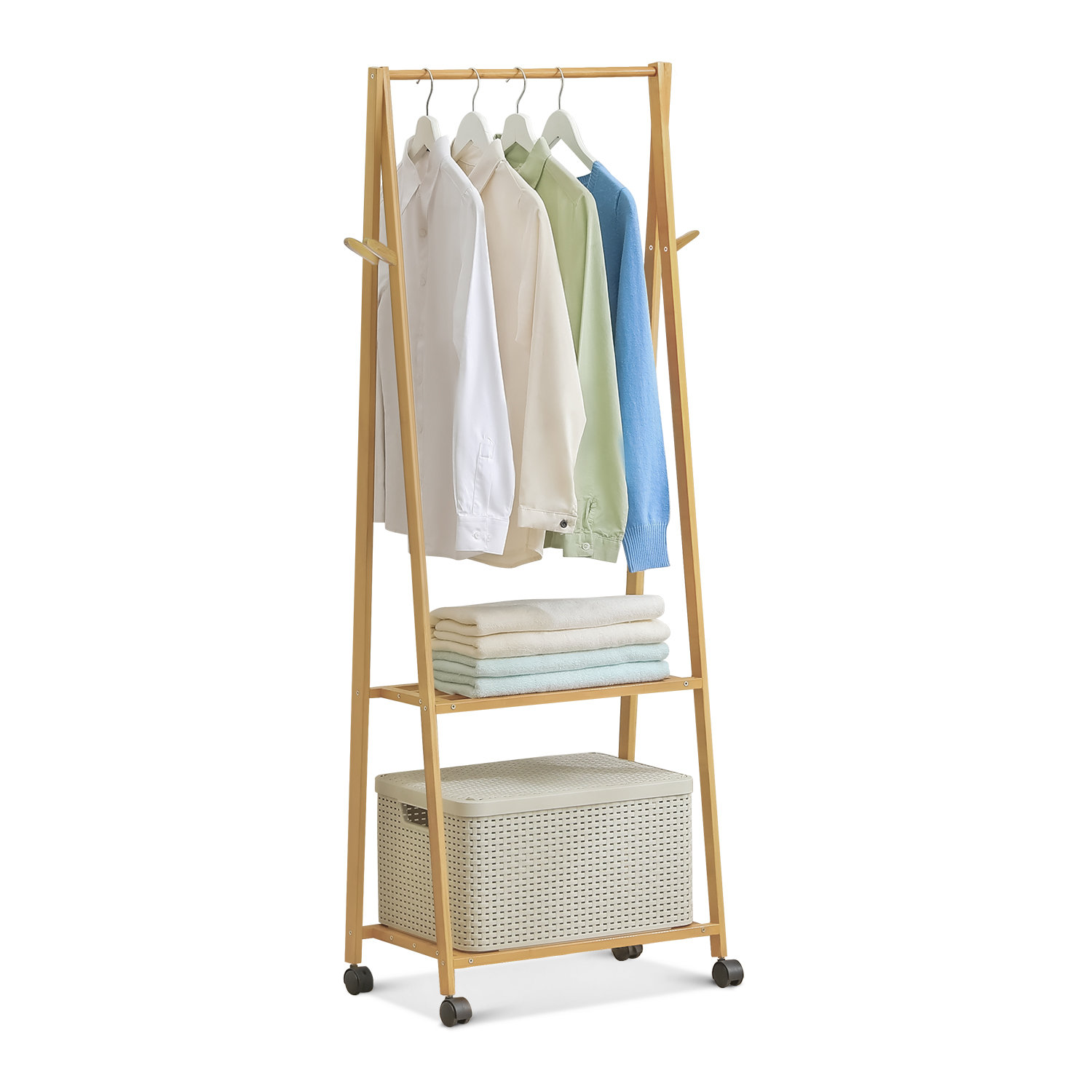 MoNiBloom Wheeled Caster Coat Rack with Hanging Rod, Bamboo Garment ...