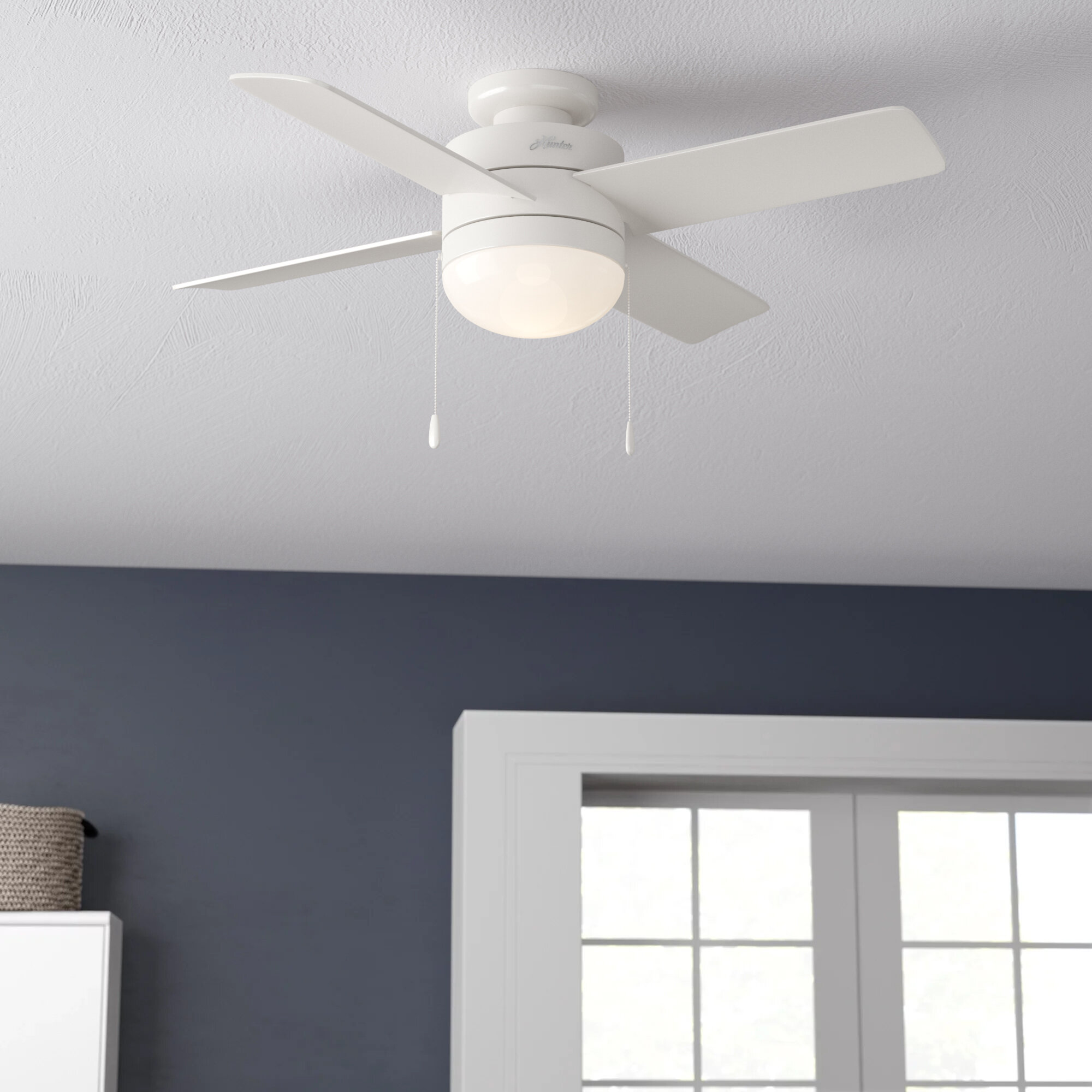 Hugger 44" Indoor White Ceiling Fan w LED Light Kit 5-White Blades Flush Mount 