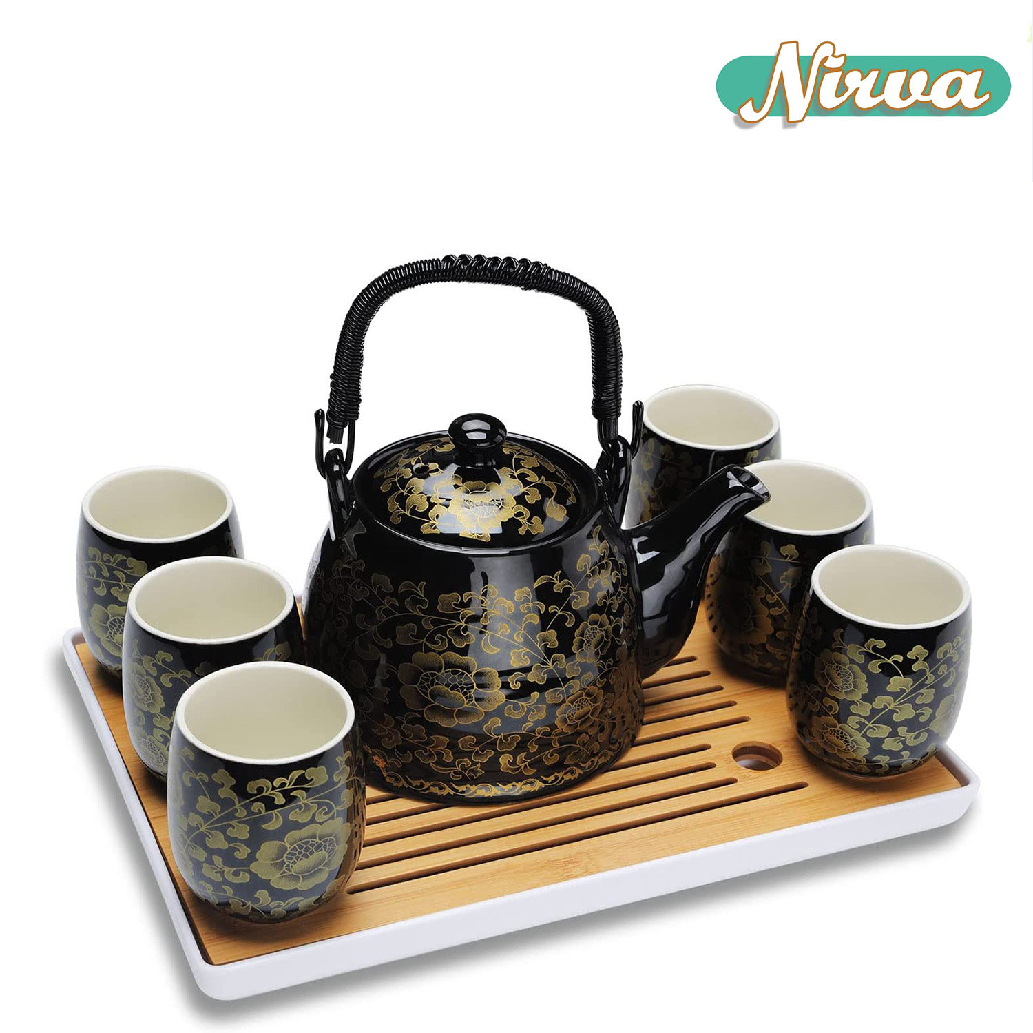 Nirva Vim Japanese Tea Set, Black Porcelain Tea Set With Tray, Asian