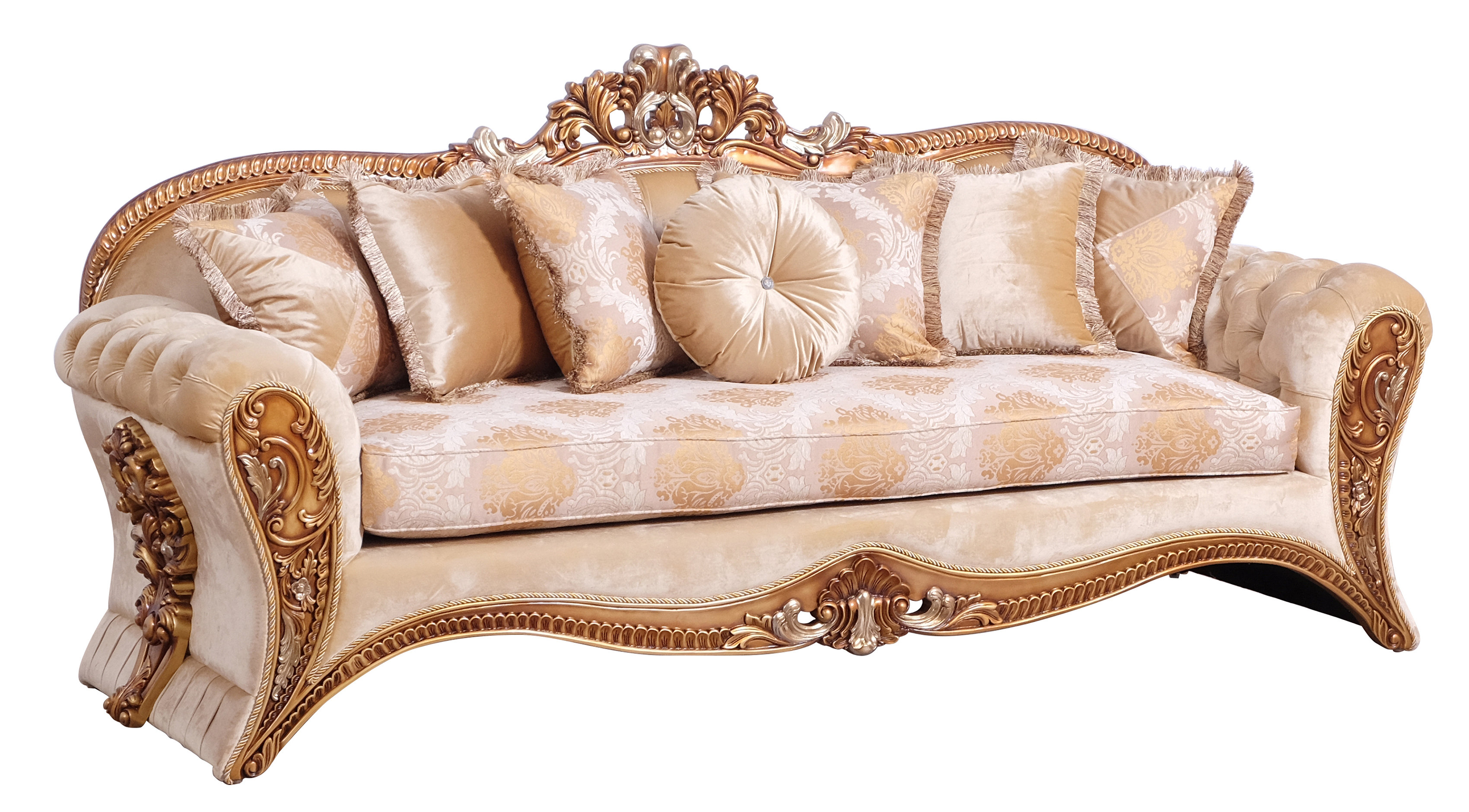Benjara Fabric Upholstered Carved Wooden Sofa In Baroque Style Gold And Brown Wayfair