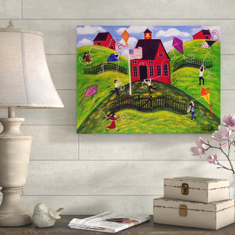 August Grove Old Red School House Kite Day Acrylic Painting