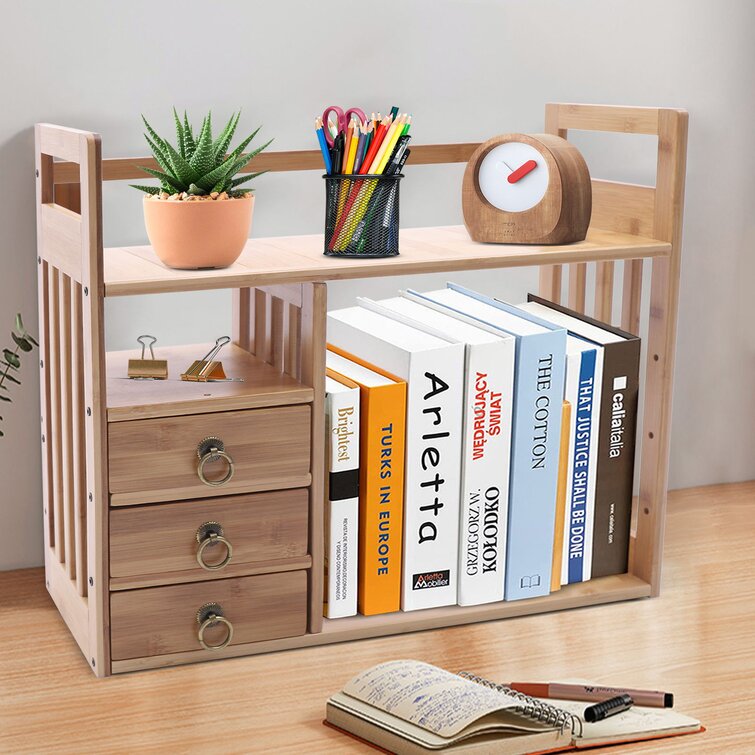 Bamboo Extendable Tabletop Bookcase Rack W/Drawer CD Storage Organizer DIY Shelf 