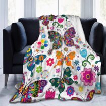 Mugod Flower and Butterfly Throw Blanket Abstract Pink Floral and Colorful Butterflies Soft Cozy Fuzzy Warm Flannel Blankets Decorative for Bed Chair Couch Sofa 50x60 Inch
