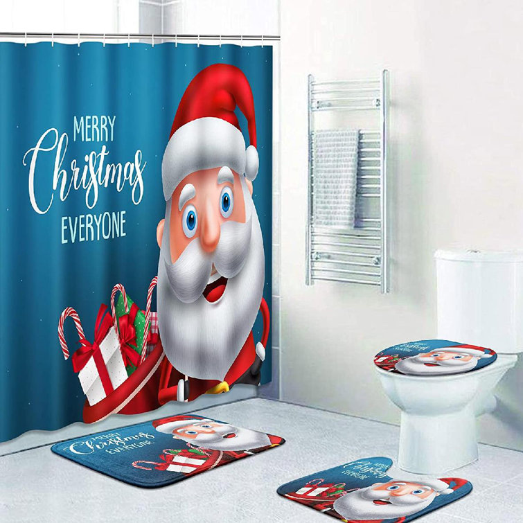 4Pcs Bathroom Santa Claus Shower Curtain Non Slip Lid Toilet Cover Rugs Mat Set 