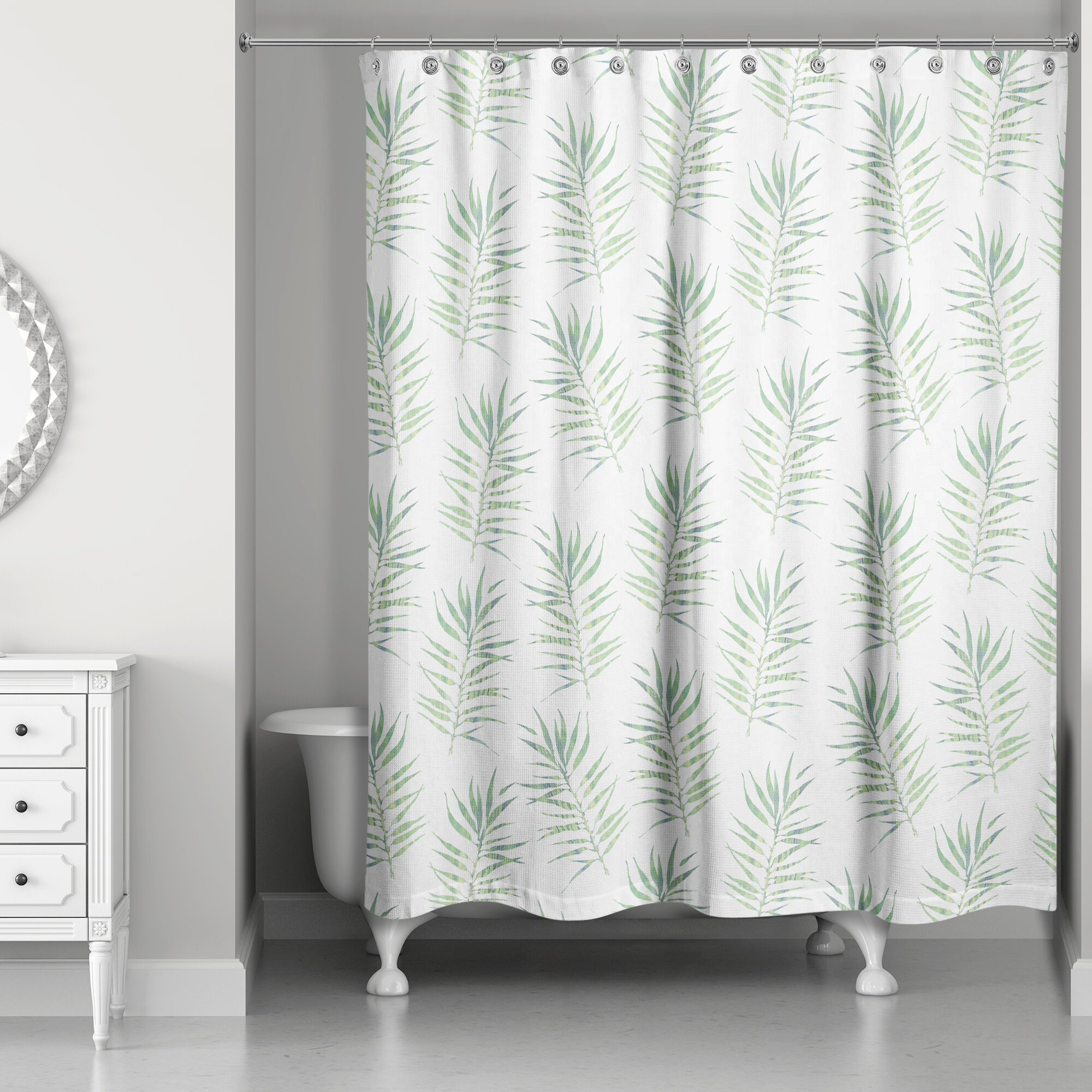 Watercolor Tropical Palm Leaves Green White Waterproof Fabric Shower Curtain Set