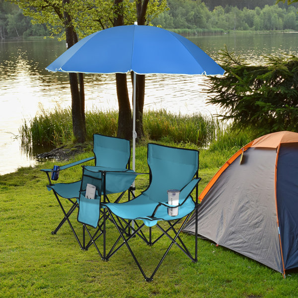 Chair Set Double Folding Umbrella Table with Cooler Picnic Camping Beach Seat 