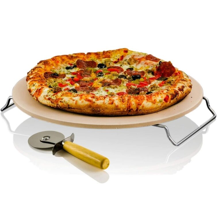 15” Pizza Baking Stone With Wire Serving Rack & Pizza Cutter Extra Large 38cm