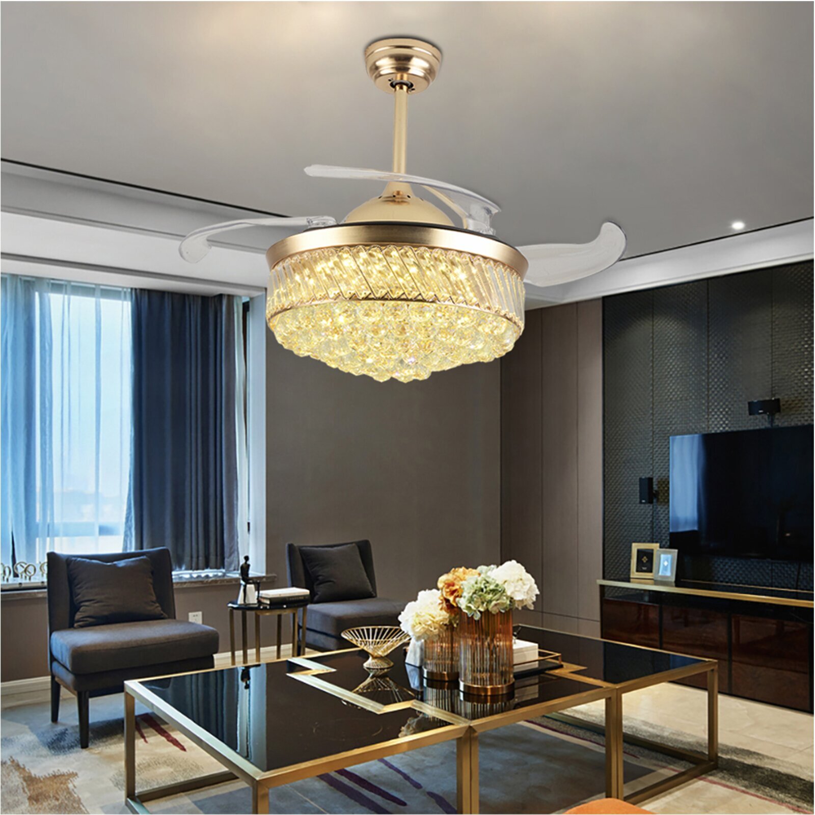 42 Inches Wide Ceiling Fan Clear Acrylic Blades Led Light Kits Crystal Chandelier Control Remote Chrome Finish Living Room Family Room