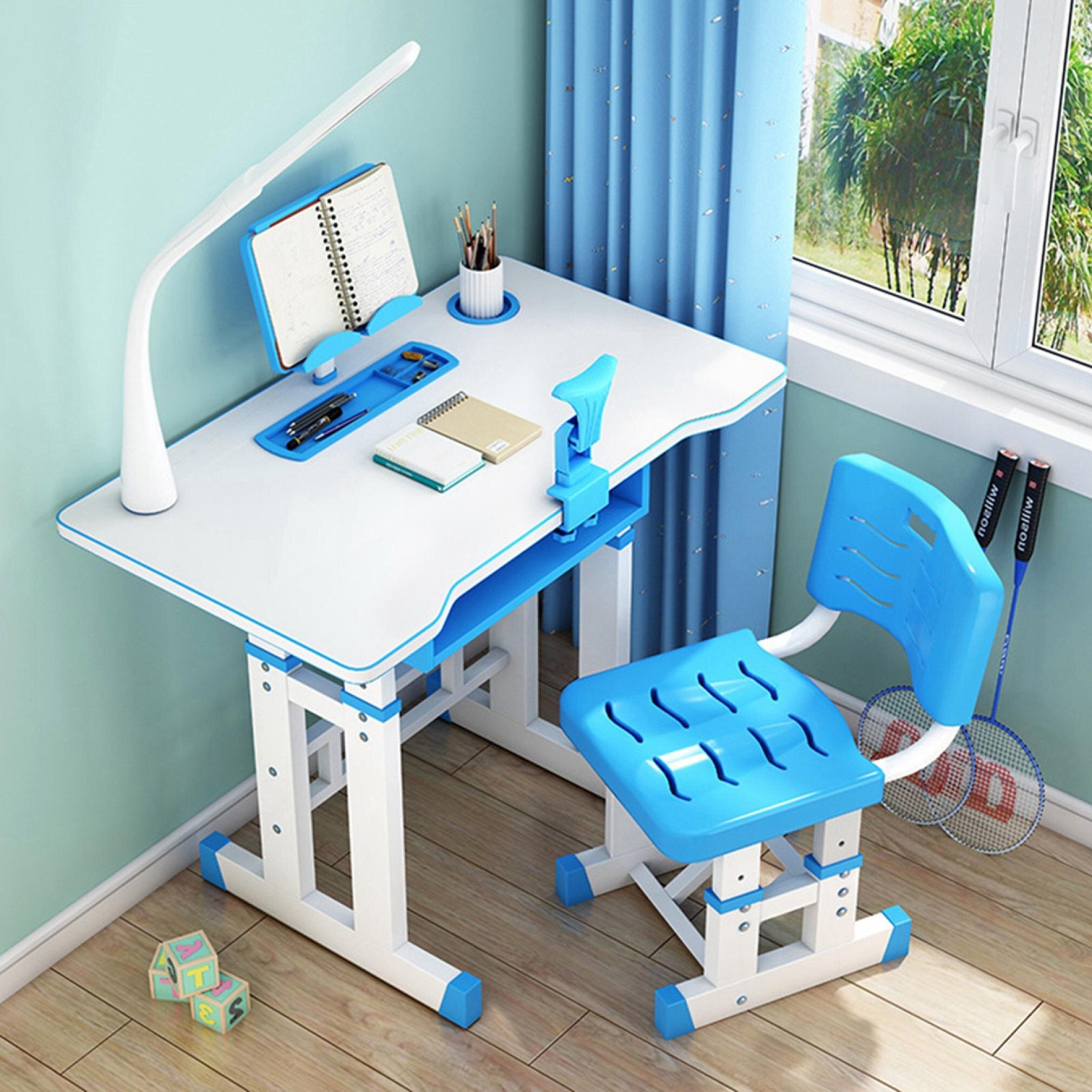 Kids Study Desk and Chair Set Height Adjustable with Table LED Lamp&Book Stand 