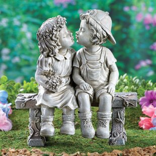 Kissing Kids Boy and Girl Garden Decor Statue Polyresin Antique Stone 14 Inch 