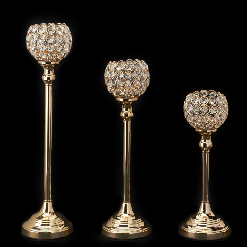 3 Piece Ball Crystal and Metal Candlestick Set