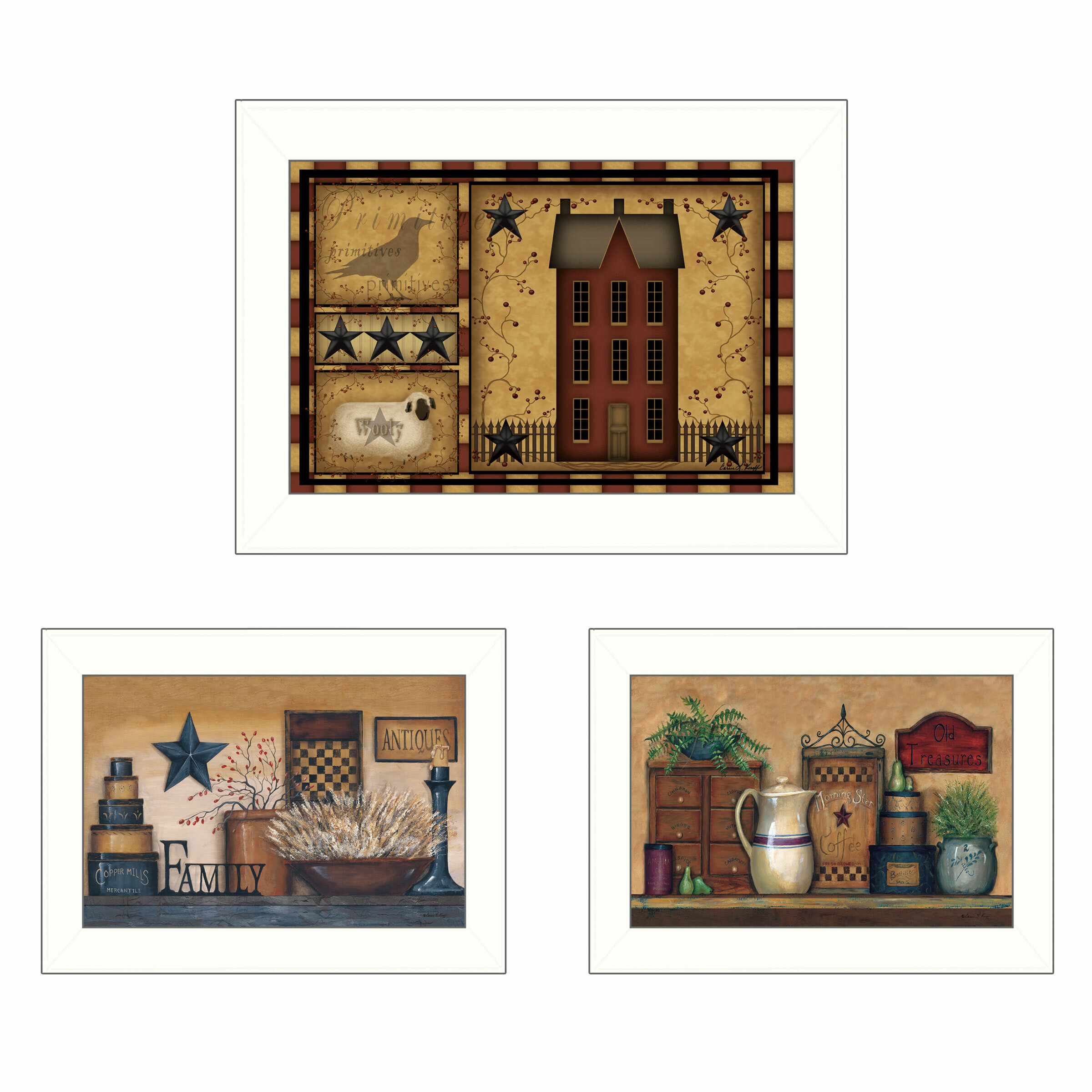 Primitive Saltbox Collection 3 Piece Framed Acrylic Painting Print Set