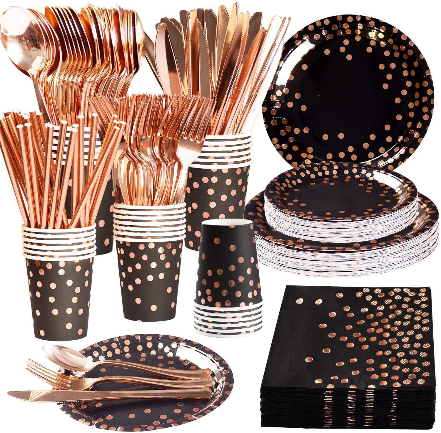 25 Spoons 50 Forks 200 Piece Disposable Dinnerware Set for Birthdays 25 Guest Towels Black and White 25 Knives 25 Dinner Plates 25 Dessert Plates Parties and Holidays 25 Cups 