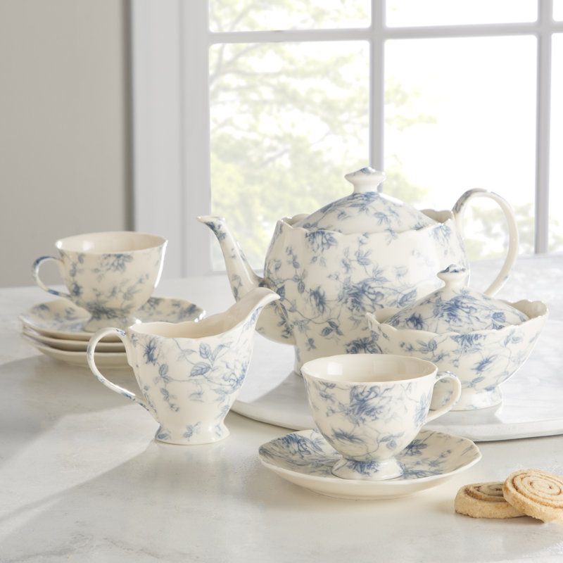 porcelain tea set with basket