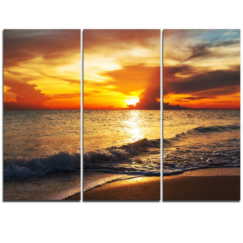Designart Colorful Dramatic Sunset Over Waves 3 Piece Graphic Art On Wrapped Canvas Set Wayfair
