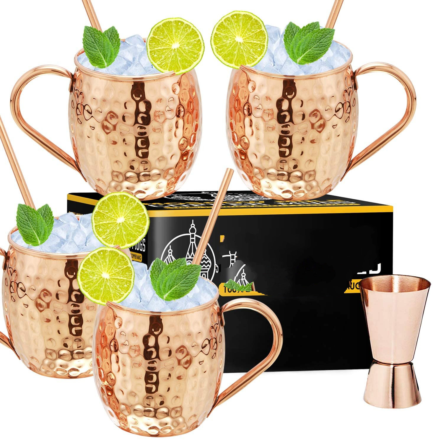 Gift Set Authentic Pure Solid Copper Moscow Mule Mugs Cups 18 Oz 100% Food Grade 