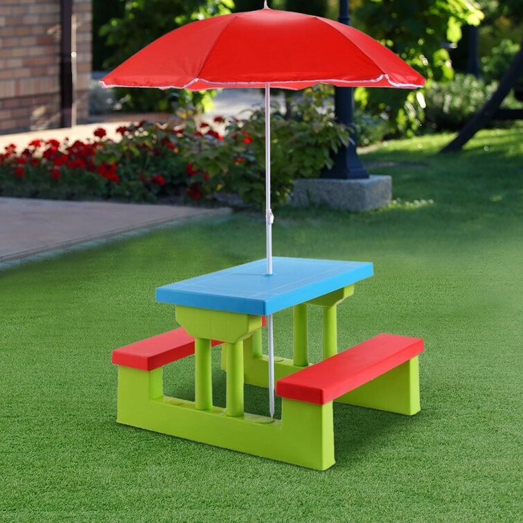 Outdoor Play Table Patio Furniture 4 Seat Kids Picnic Table w/Umbrella Garden Yard Folding Children Bench Outdoor