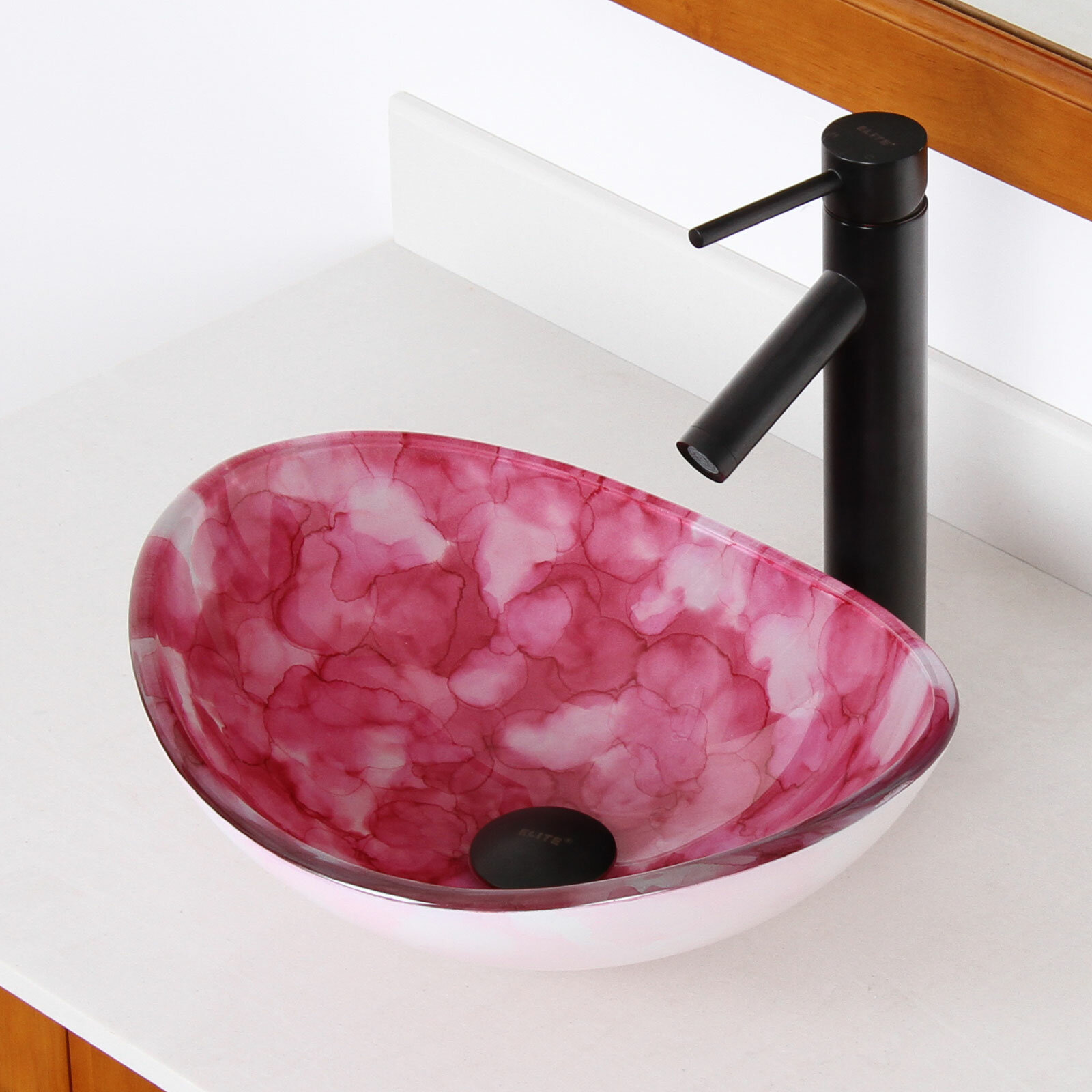 Elite Pink On White Hand Painted Watercolor Pattern Boat Shaped Oval Bowl Bottom Vessel Bathroom Sink With Pop Up Drain And Mounting Ring Wayfairca