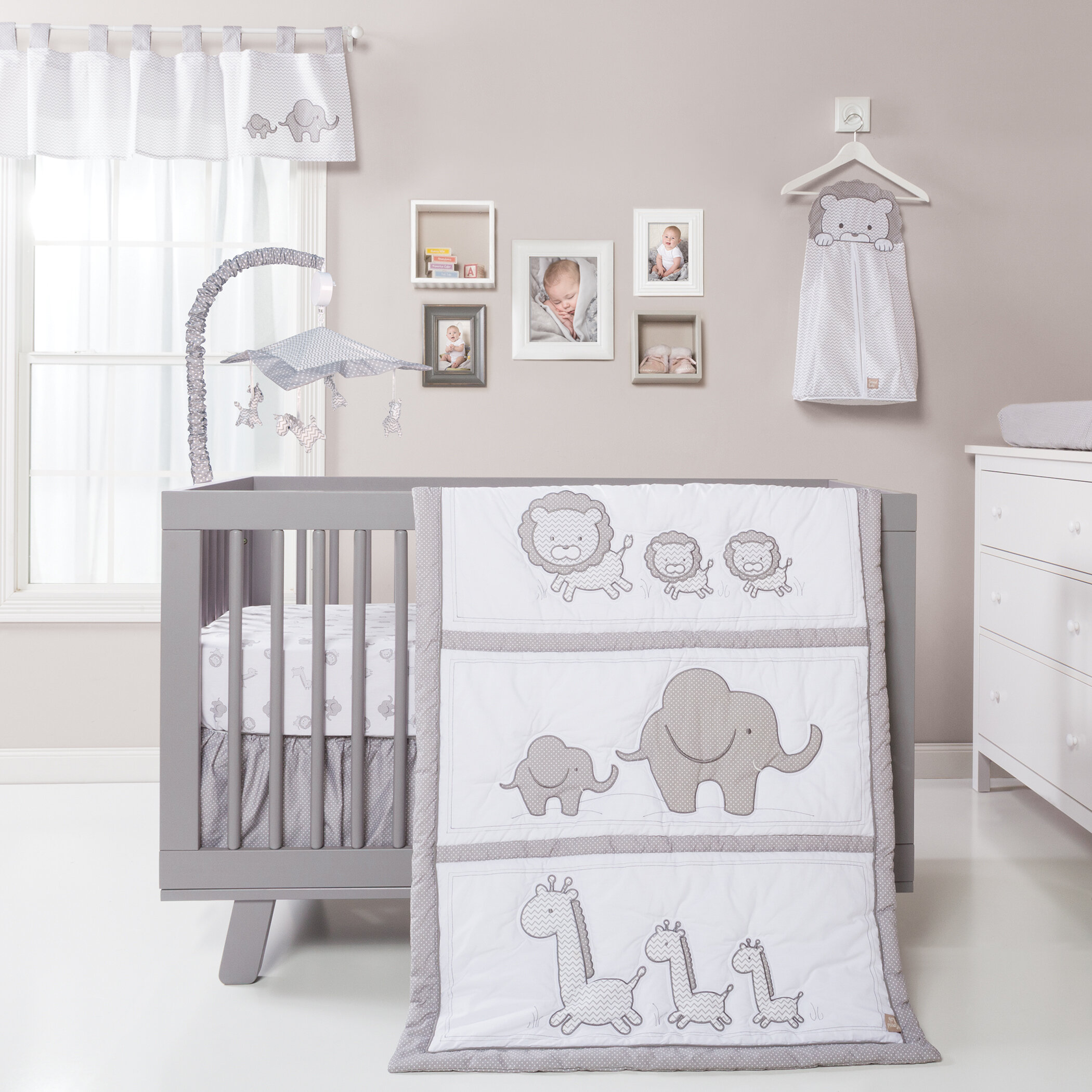 grey and white nursery bedding