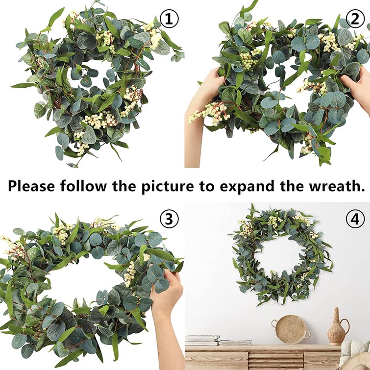 NUOBESTY Artificial Eucalyptus Wreath Faux Green Leaves Eucalyptus Wreath Wall Ornament for Spring Summer Front Door Festival Celebration Fireplace Window Party Decor