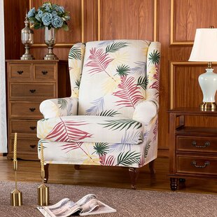 Leaves Printed Stretch T-Cushion Wingback Slipcover By Ebern Designs