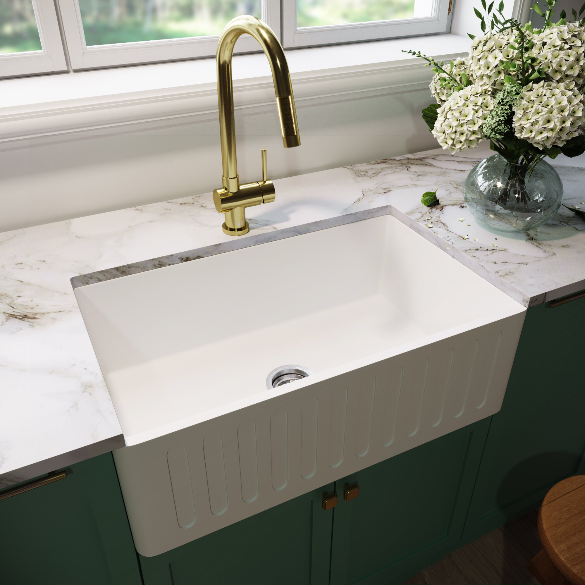 Vigo Matte Stone 30 L X 18 W Farmhouse Kitchen Sink With Basket Strainer Reviews Wayfair