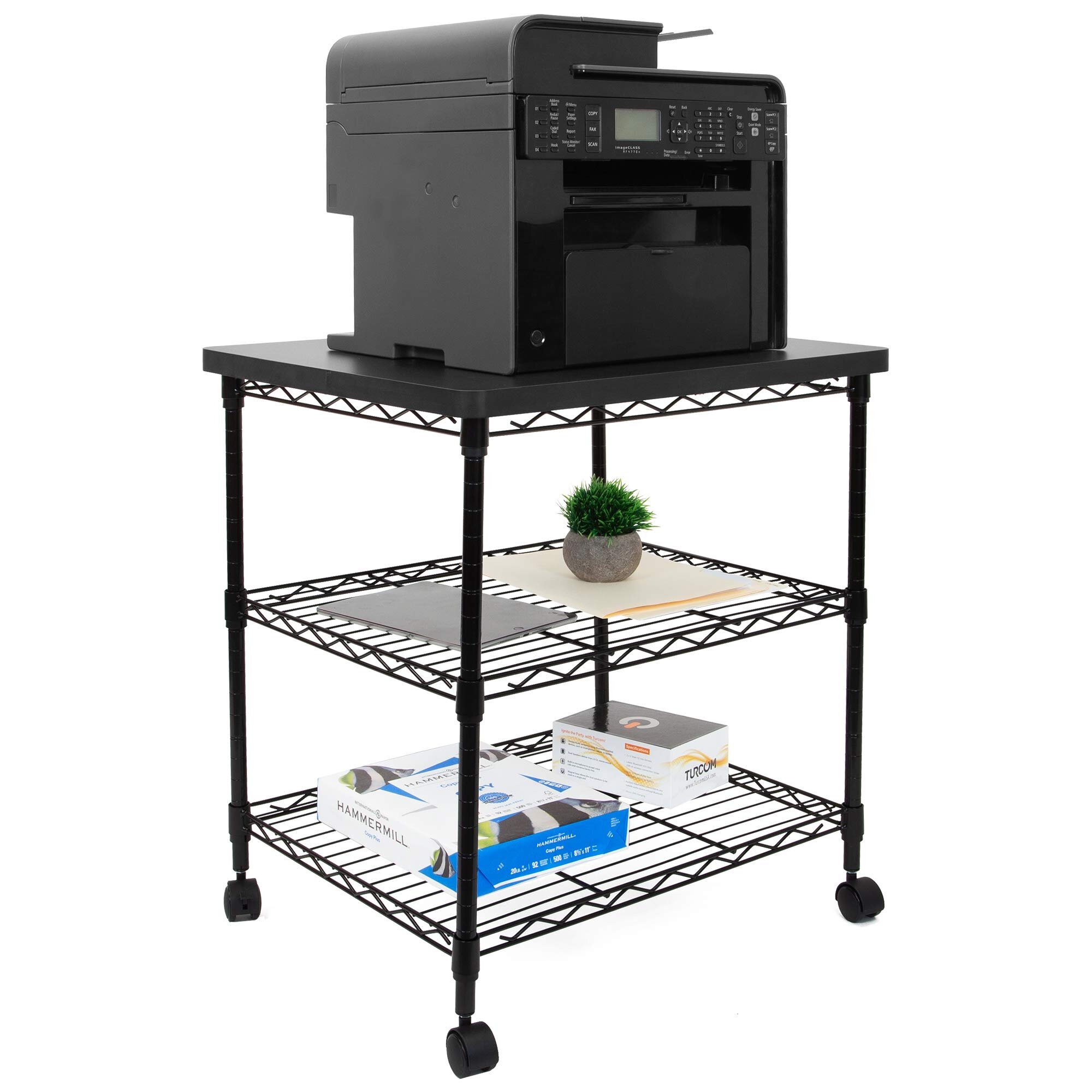Durable Stable 3-Shelf Printer Cart with Wheels and Dual Shelves 