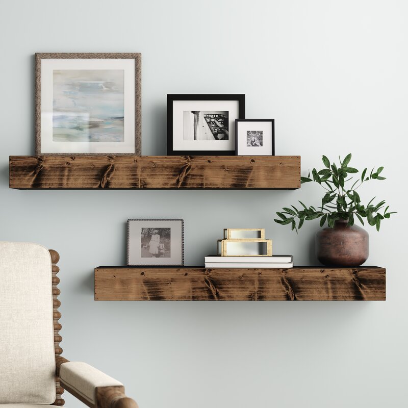 floating wood shelves living room
