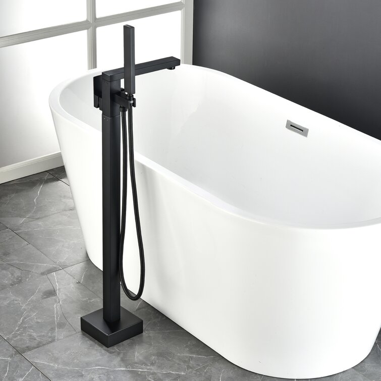 Brass Black Freestanding Bathtub Filler Mixer Faucet W/ Hand Shower Floor Mount 
