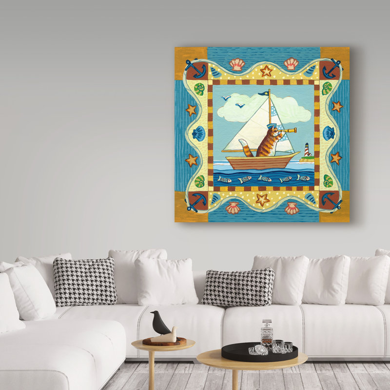 Trademark Art Folk Art Cat Sailing Acrylic Painting Print On