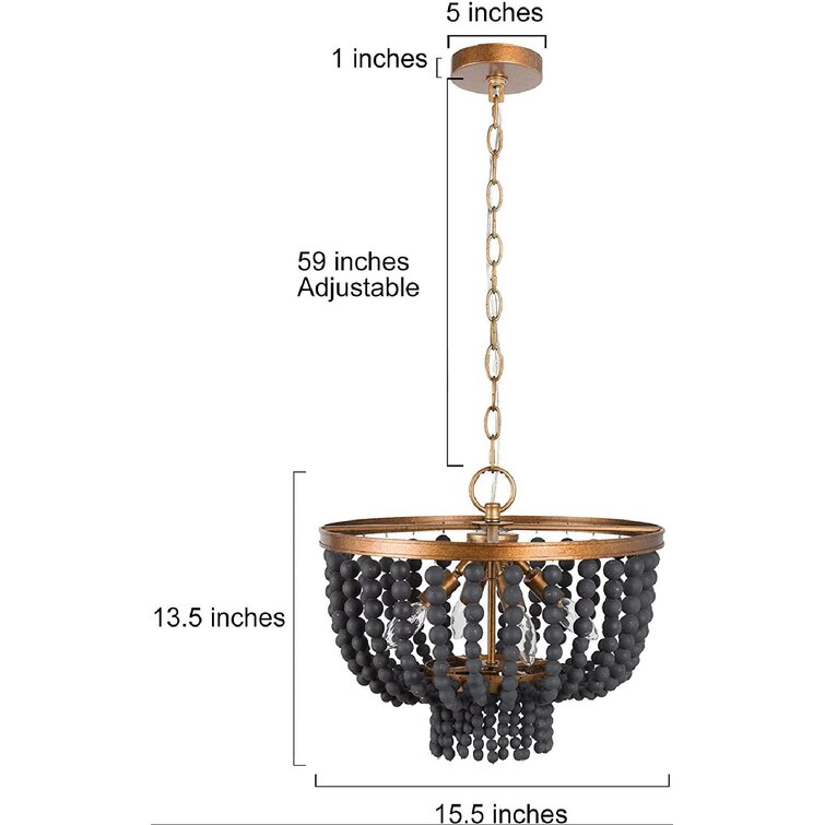 15.5 Dia Antique Gold Finish with Rustic Wood Bead Strands Hallway 4-Light Boho Farmhouse Chandelier for Dining Room Black Beaded Chandelier Bedroom