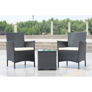 Walker Handmade 3-Piece Compact Outdoor/Indoor Garden Patio Furniture Set Black PE Rattan Wicker Seat White Cushions
