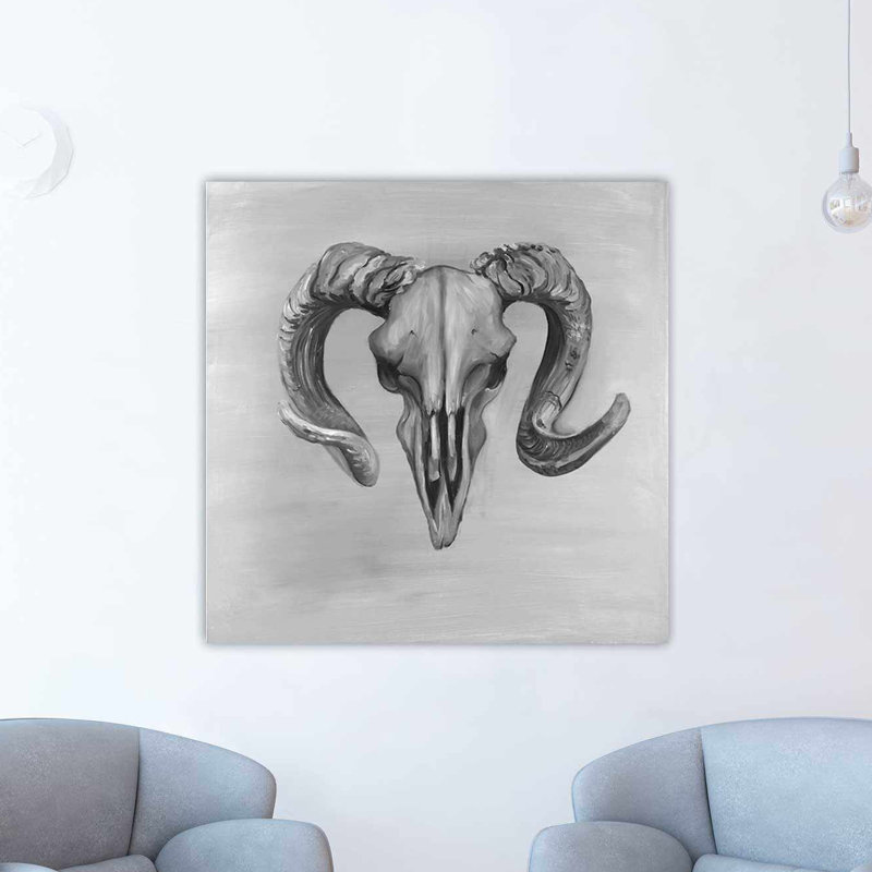 Millwood Pines Grayscale Aries Skull Oil Painting Print On