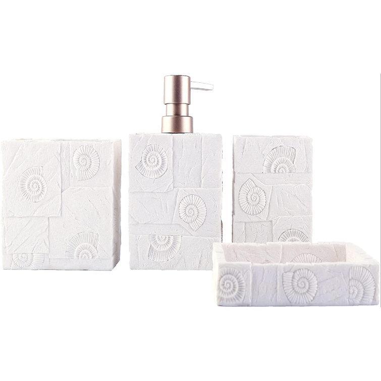 Rosecliff Heights Farmhouse Bathroom Decor 4 Pcs Resin Gift Set Apartment Necessities Contain Toothbrush Cup Soap Dispenser Soap Dish Tumbler Delicate Shell Wayfair