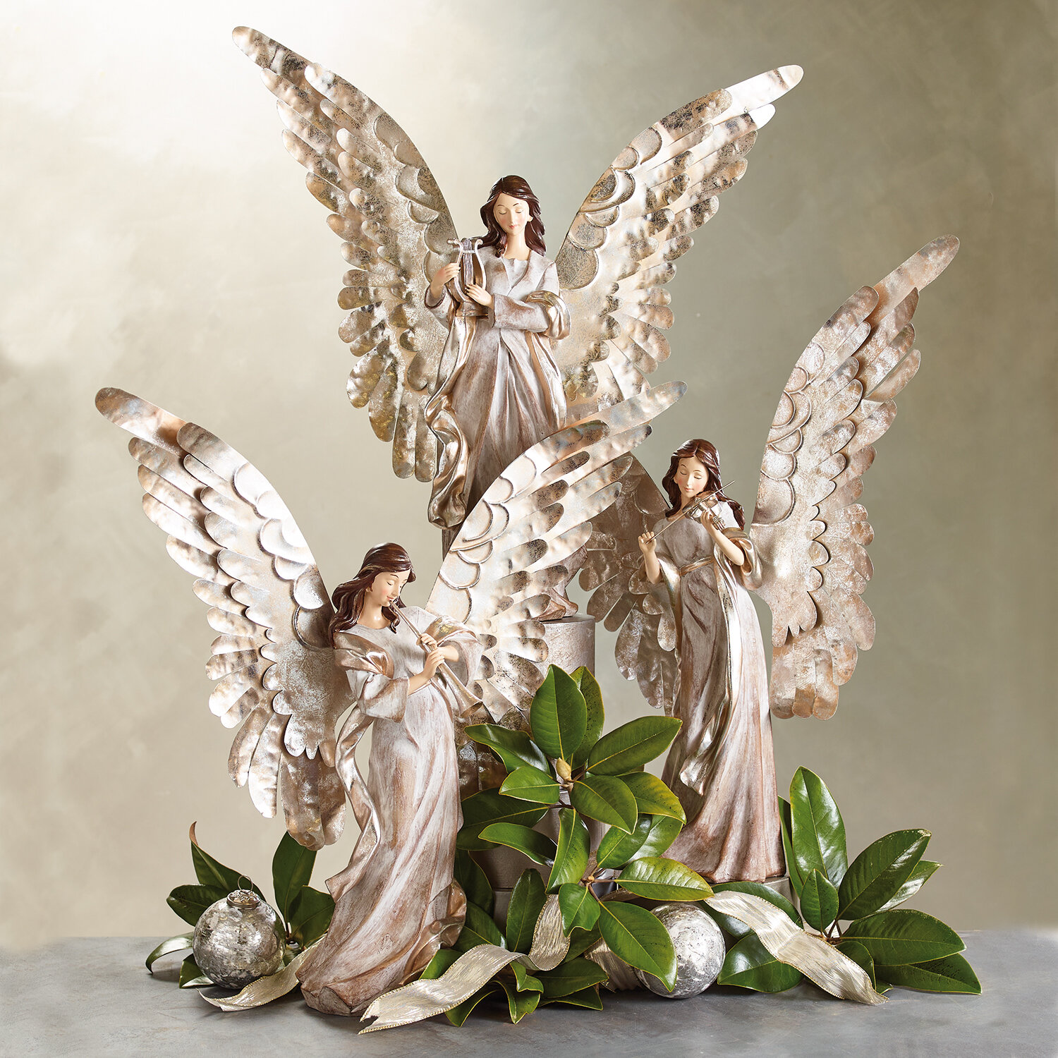 The Holiday Aisle® Large Elegant Angels With Metal Wings Set Of 3 Wayfair