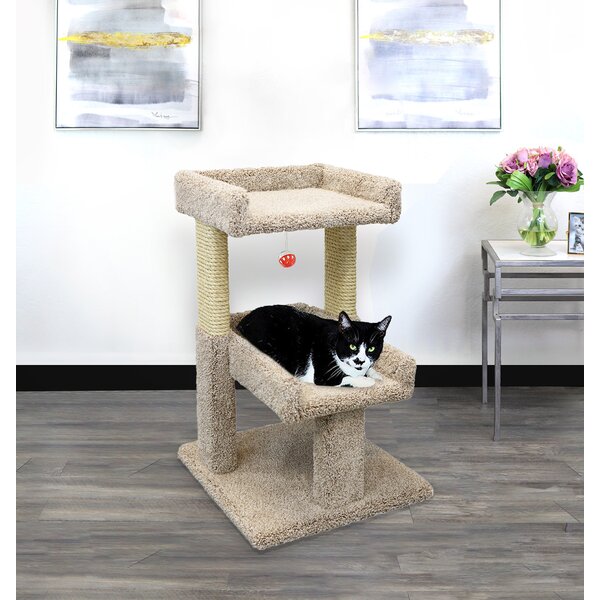 Wood Cat Condo Two Story Carpet Kitty Furniture with Sisal Scratching Post 