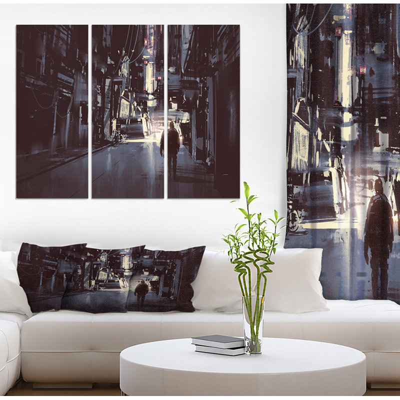 East Urban Home Man Walking Alone In Dark City Oil Painting