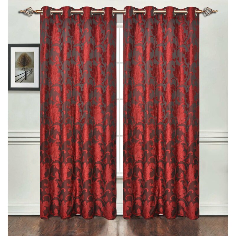 Curtain Set 6 Piece Burgundy Grommet Faux Silk With Grommet Sheer And Hold Back