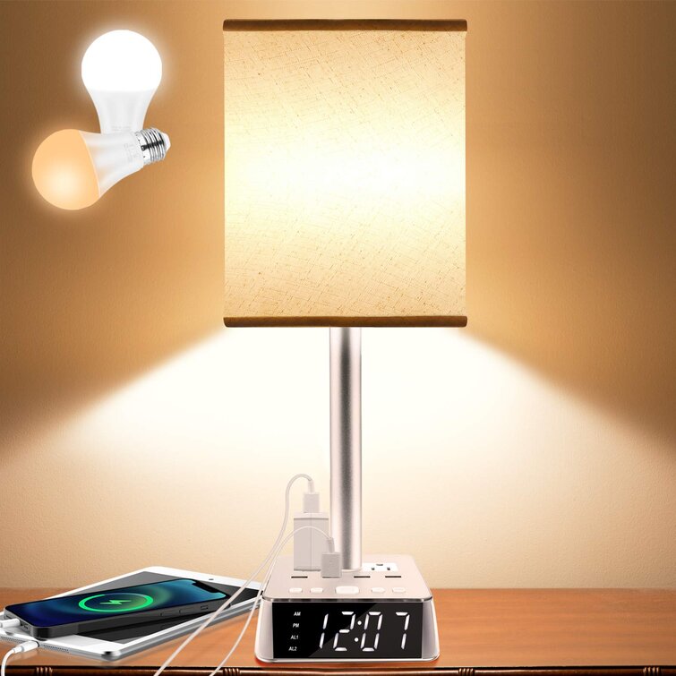 Alarm Clock Base w/ 6Ft Extension Cord Square Oatmeal Fabric Lampshade Modern Accent Nightstand Lamps for Bedroom Living Room Table Lamp Bedside Table Lamps with 4 USB Ports and AC Power Outlets