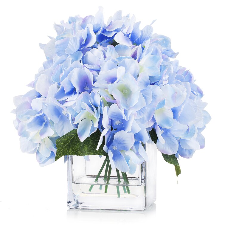 Primrue Artificial Silk Hydrangea Flower Arrangement In Cube Glass Vase ...
