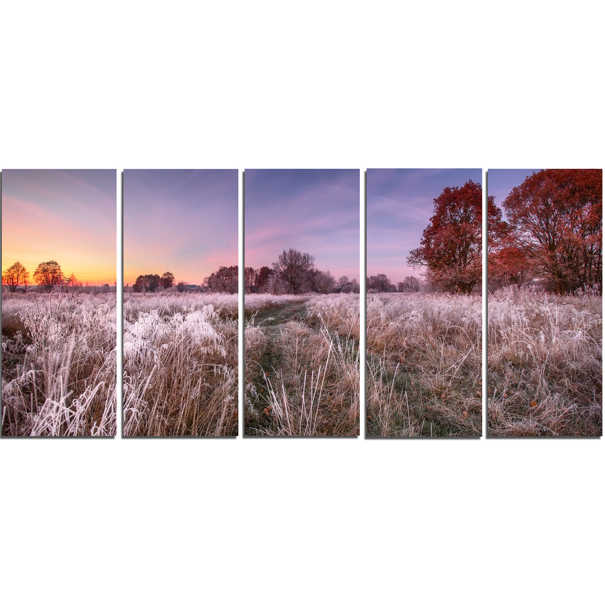 Designart Frosty Fall Trees With Red Leaves 5 Piece Wall Art On Wrapped Canvas Set Wayfair