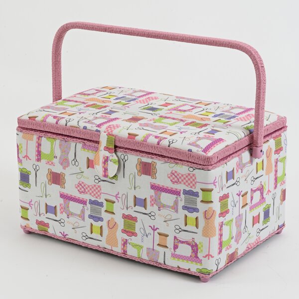 Large Fabric Covered Sewing Basket with Insert Tray and Accessories 