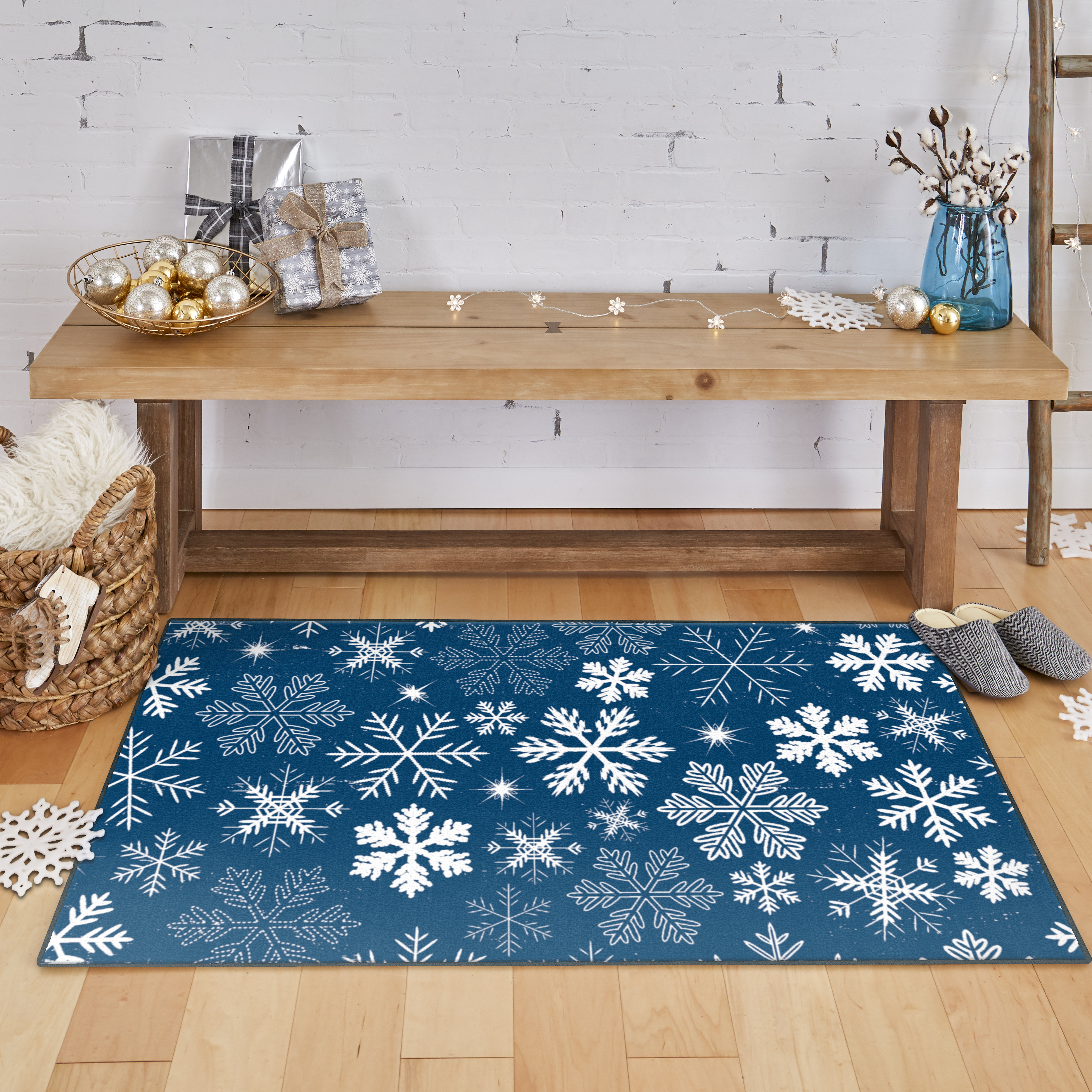 The Holiday Aisle Triplett Snowflakes Denim Area Rug Reviews Wayfair