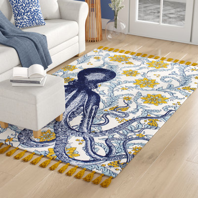 Thomas Paul Octopus Handmade Cotton Tasseled Blue/Orange Rug