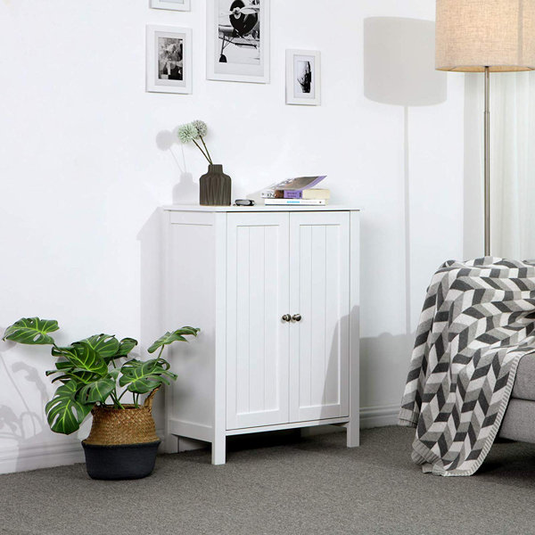 Winston Porter Bathroom Floor Storage Cabinet With Double Door Adjustable Shelf, White | Wayfair