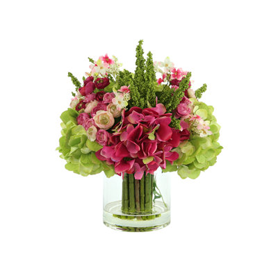 Hydrangea, Ranunculus, and Cherry Blossom Floral Arrangement in Vase